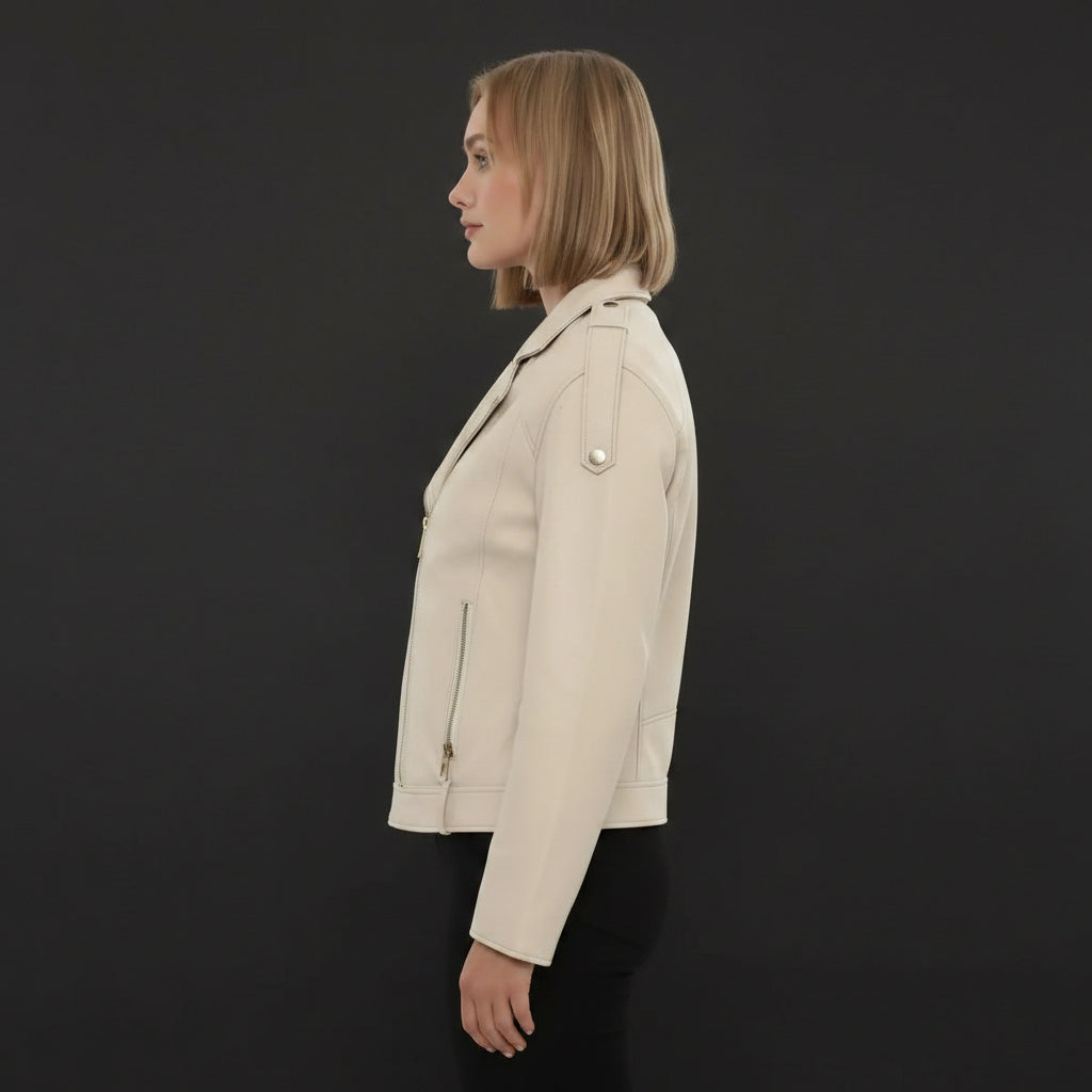 Women's Cream Leather Biker Jacket — Parsons