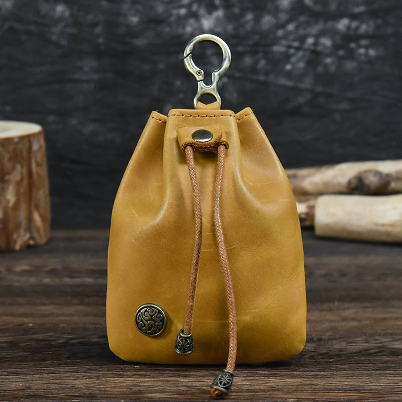 Unisex Distressed Full-Grain Leather Drawstring Coin Pouch