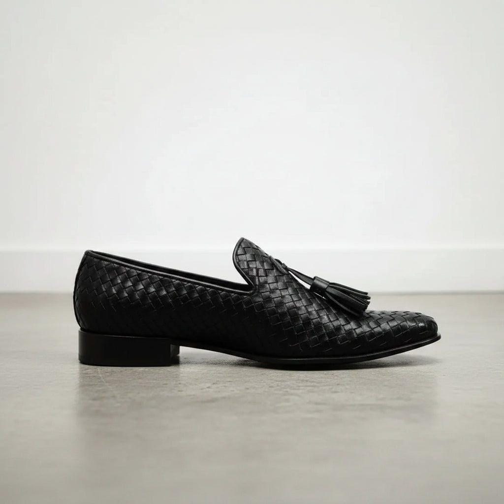 Handcrafted Black Leather Knitted Dress Shoes for Men
