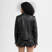 Women's Black Studded Asymmetrical Leather Biker Jacket — Abberwell