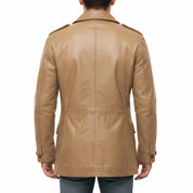 Men's Tan Double-Breasted Leather Pea Coat Jacket — Henley