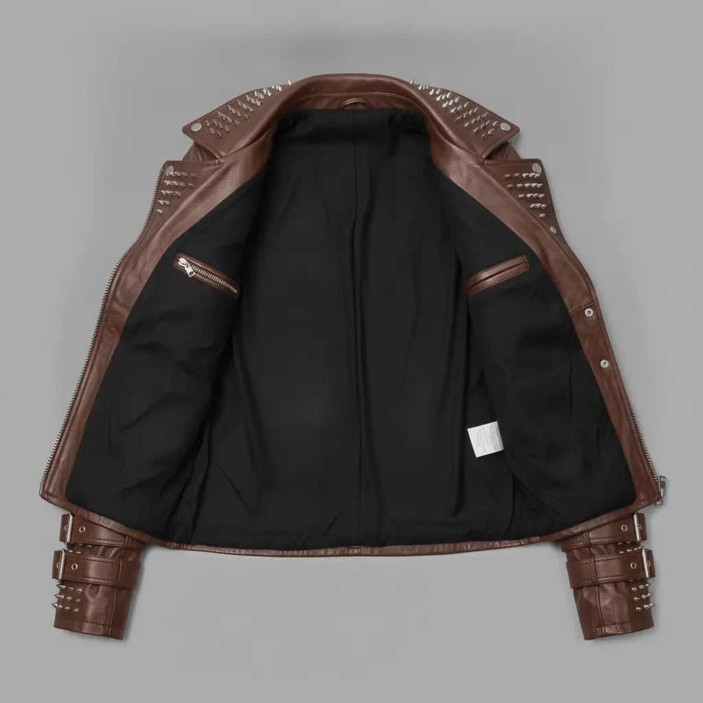 Women's Brown Studded Leather Biker Jacket — Fritton