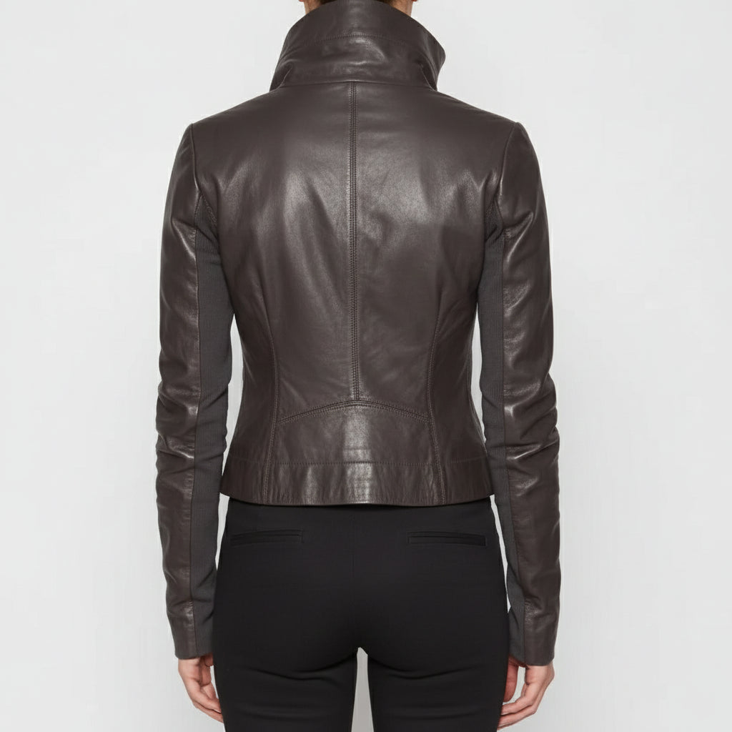 Handmade Women's Brown Wide Collar Leather Jacket