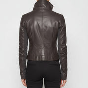 Handmade Women's Brown Wide Collar Leather Jacket