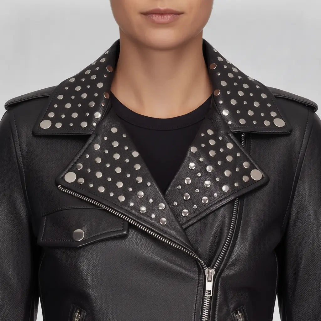 Women's Black Studded Leather Biker Jacket — Greenwood