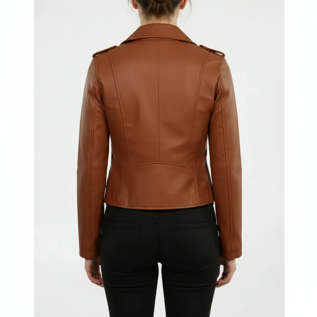 Women’s Brown Leather Biker Jacket, Handmade Moto Style