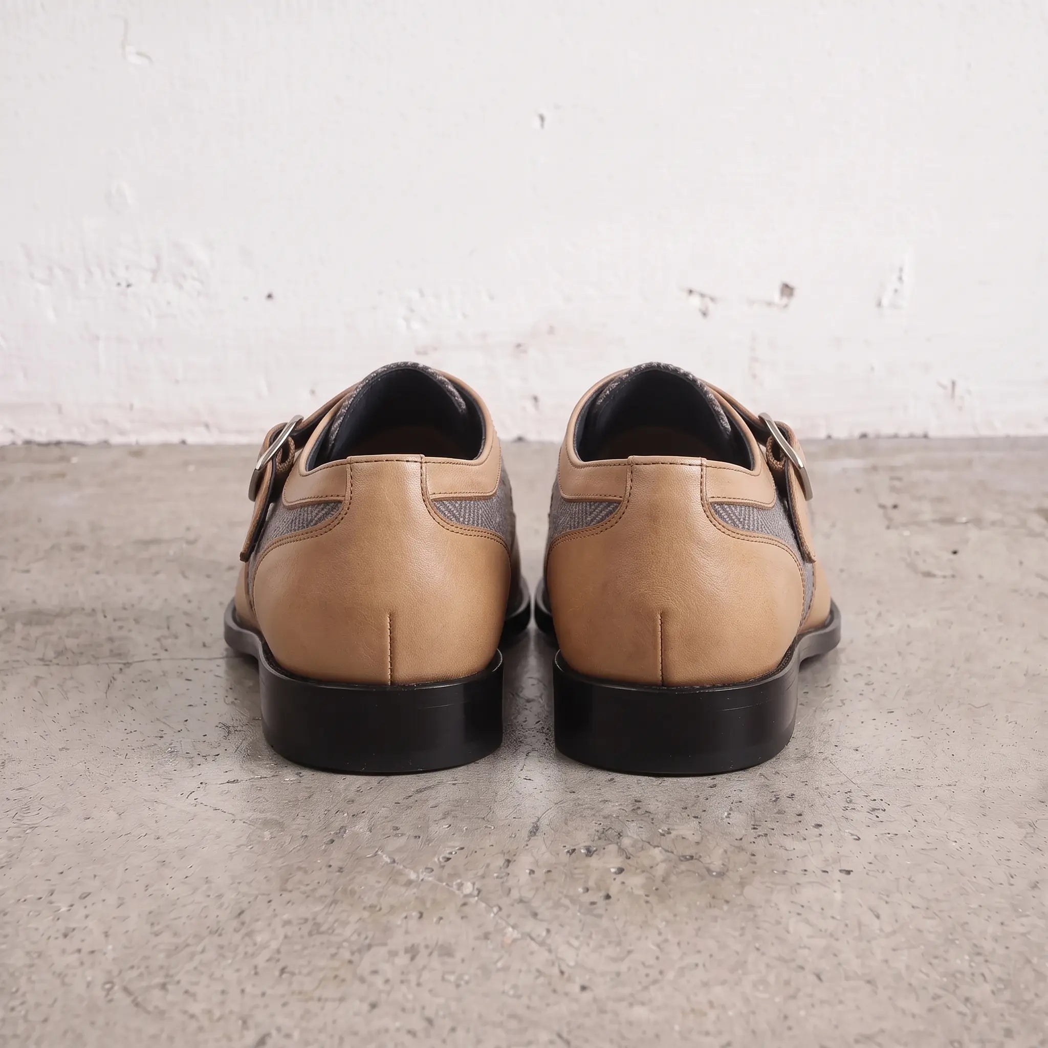 Men's Grey and Tan Wingtip Leather Monk Strap Shoes — Thirsk