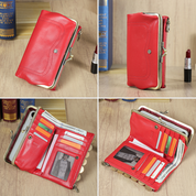 Women's Full Grain Leather RFID Blocking Kiss-Lock Frame Wallet