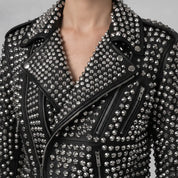 Women's Black Silver Studded Leather Biker Jacket — Thomson