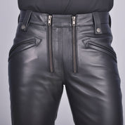 Men’s Black Genuine Leather Rocker Pants –Double Zip Moto Design
