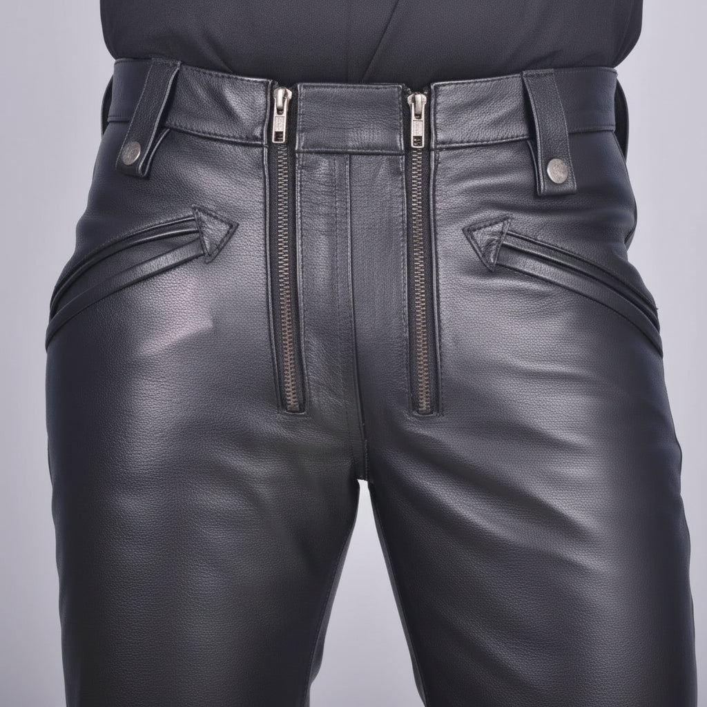 Men's Black Double Zip Leather Jeans | Rock Style Pants – Rebels