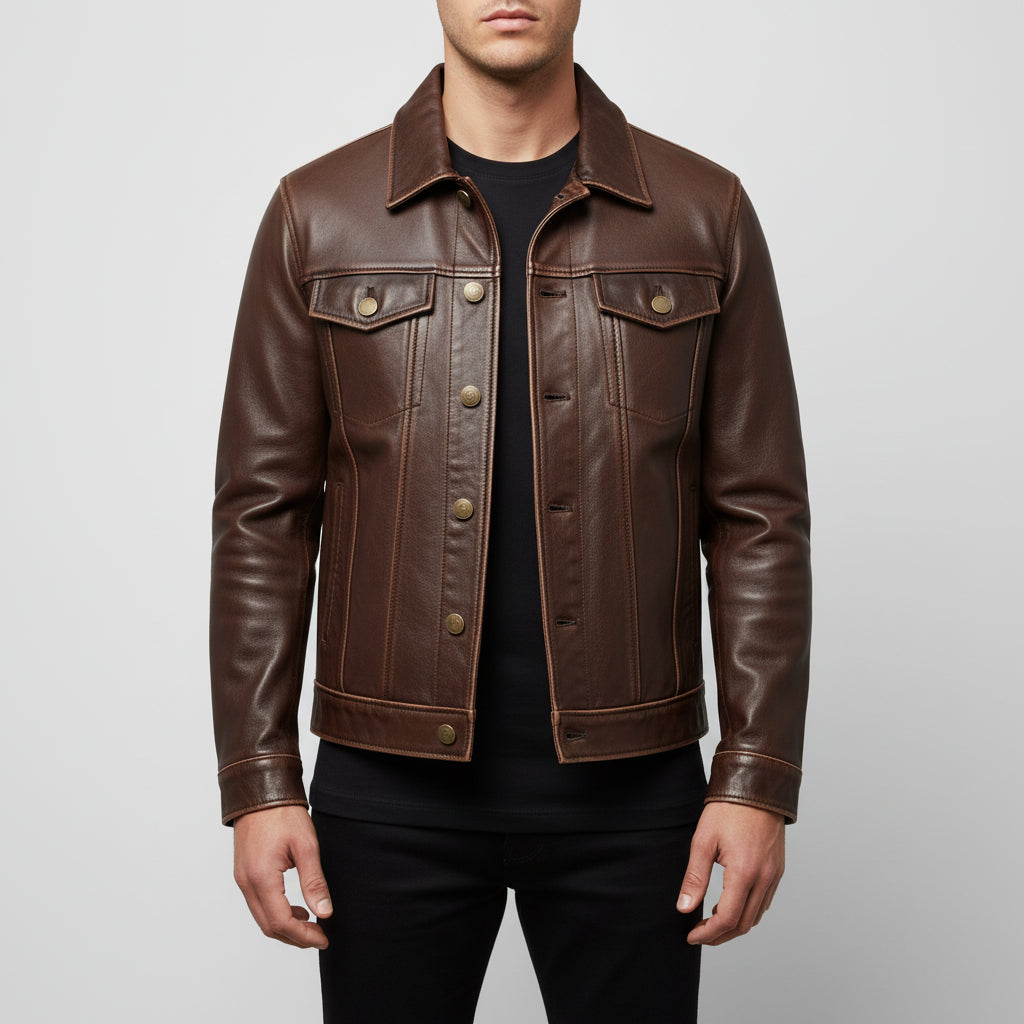 Men's Brown Vintage Slim Fit Trucker Racer  Leather Jacket