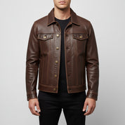 Men's Brown Vintage Slim Fit Trucker Racer  Leather Jacket