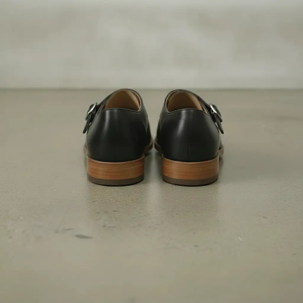 Men's Black Plain-Toe Leather Double Monk Strap Shoes — Farlam