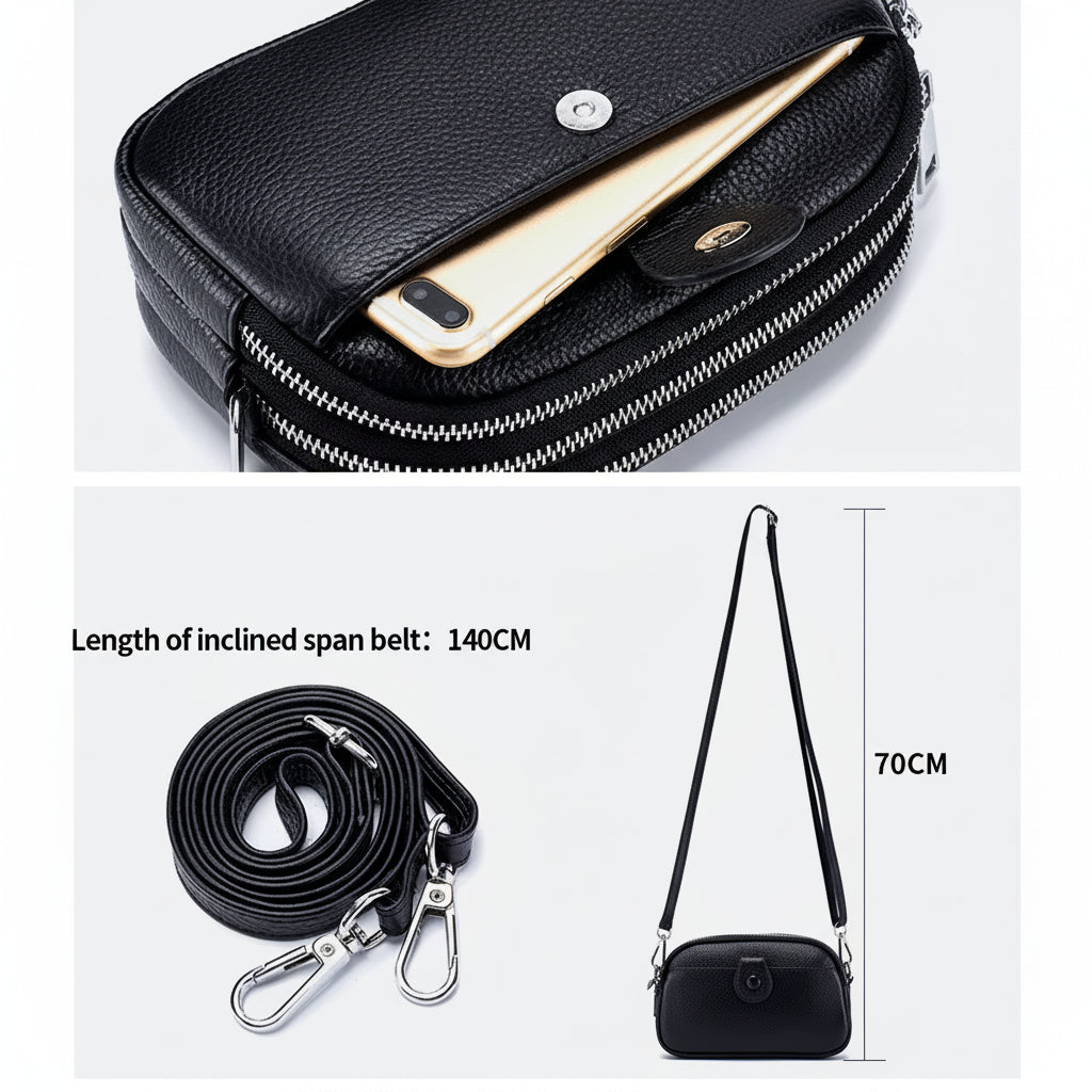 Women's Black Full-Grain Leather Crossbody Phone Bag