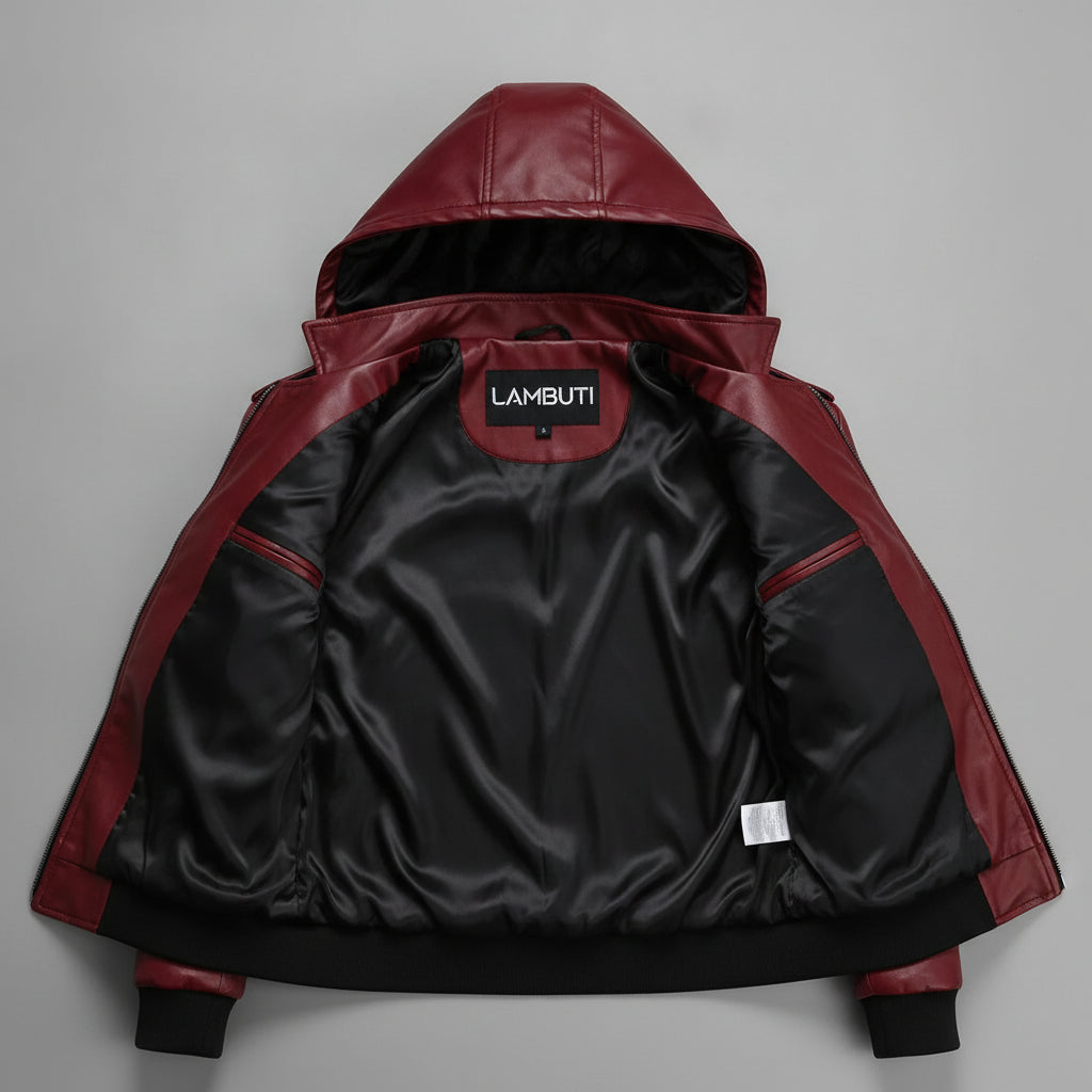 Men's Burgundy Hooded Leather Biker Jacket