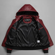 Men's Burgundy Hooded Leather Biker Jacket