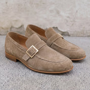 Men's Taupe Moc-Toe Suede Buckle Loafers — Abborfield