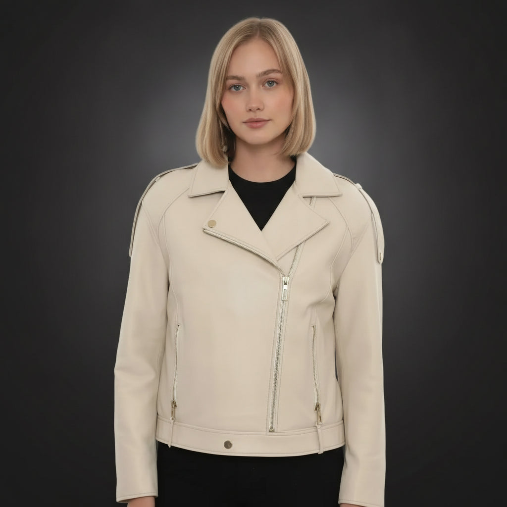 Women's Cream Leather Biker Jacket — Parsons