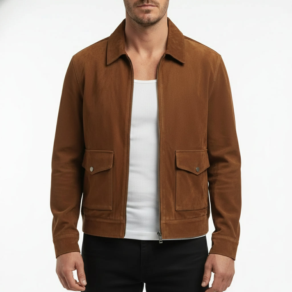 Handmade Men’s Suede Trucker Jacket with Flap Pockets