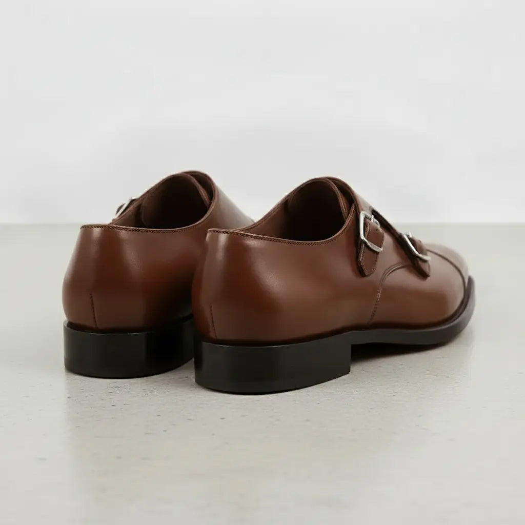 Men's Dark Brown Cap-Toe Leather Double Monk Strap Shoes — Albemarle