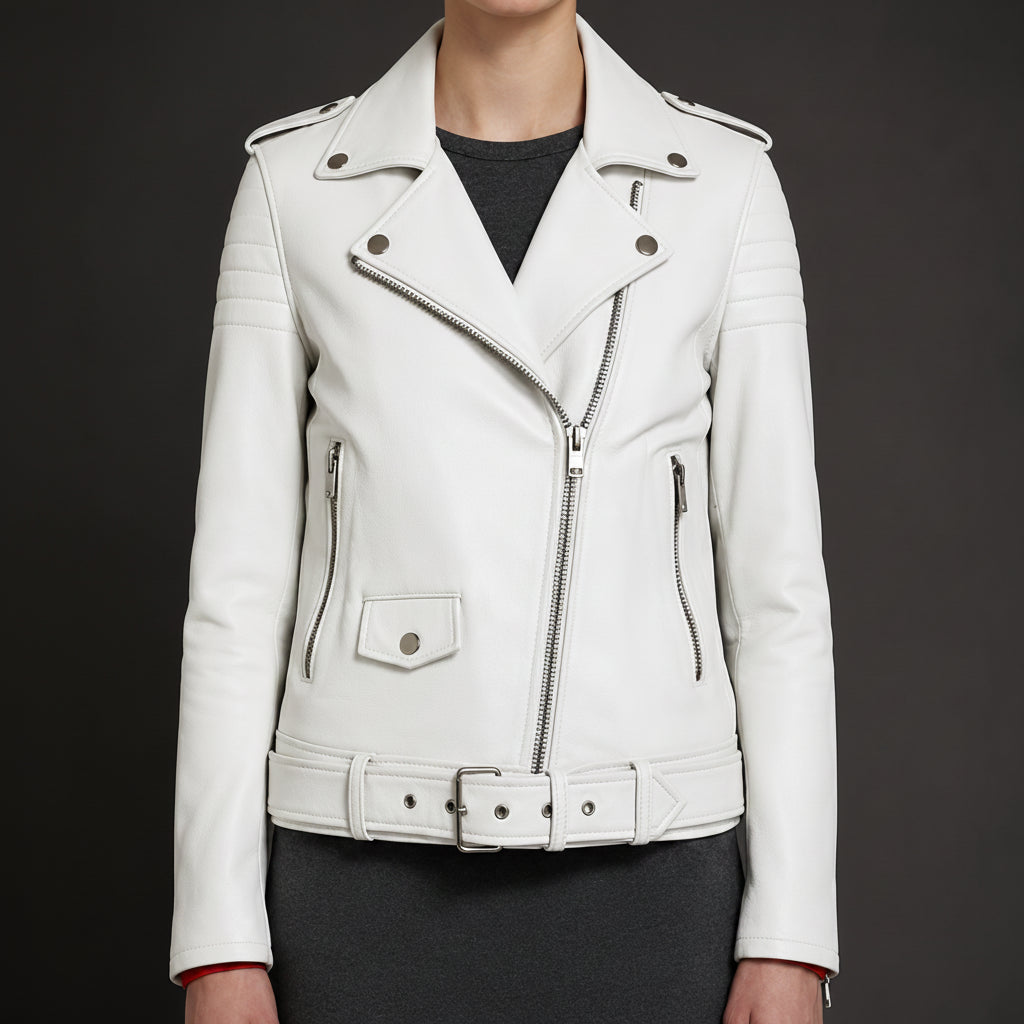 Women's White Biker Lambskin Leather Jacket