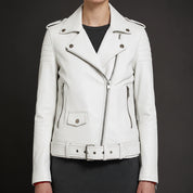 Women's White Biker Lambskin Leather Jacket
