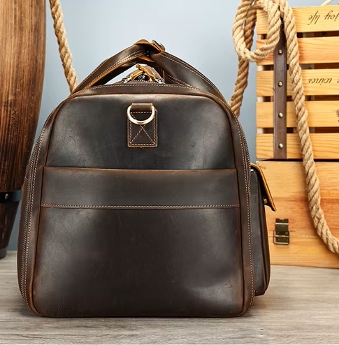 Full-Grain Leather Duffle Bag with Shoe Compartment
