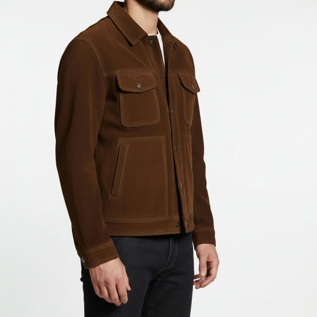Handmade Men Dark Brown Suede Trucker Jacket, Brown Trucker Suede Jacket