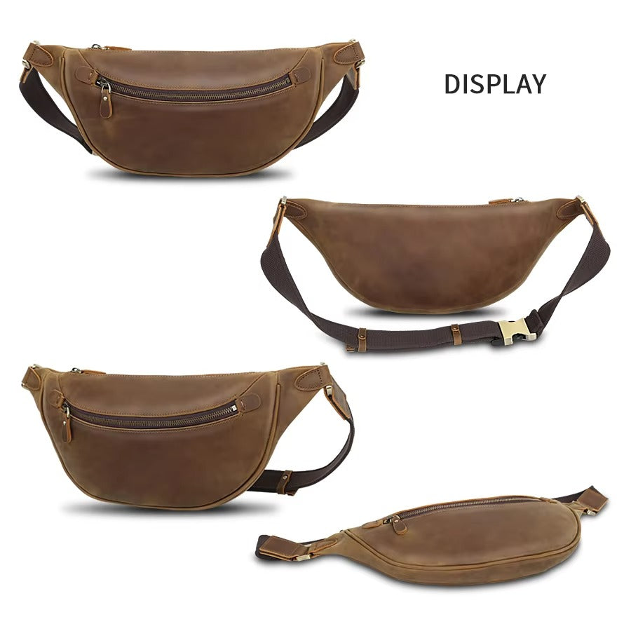 Handmade Genuine Leather Men's Chest Fannypack Bag, Waterproof Crossbody