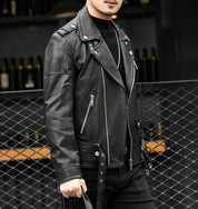 Men Black multi pocktes biker leather jacket, Black motorcycle jacket