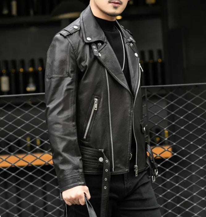 Men Black multi pocktes biker leather jacket, Black motorcycle jacket