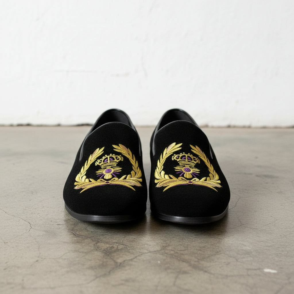 Men's Black Embroidered Velvet Loafers — Alciston