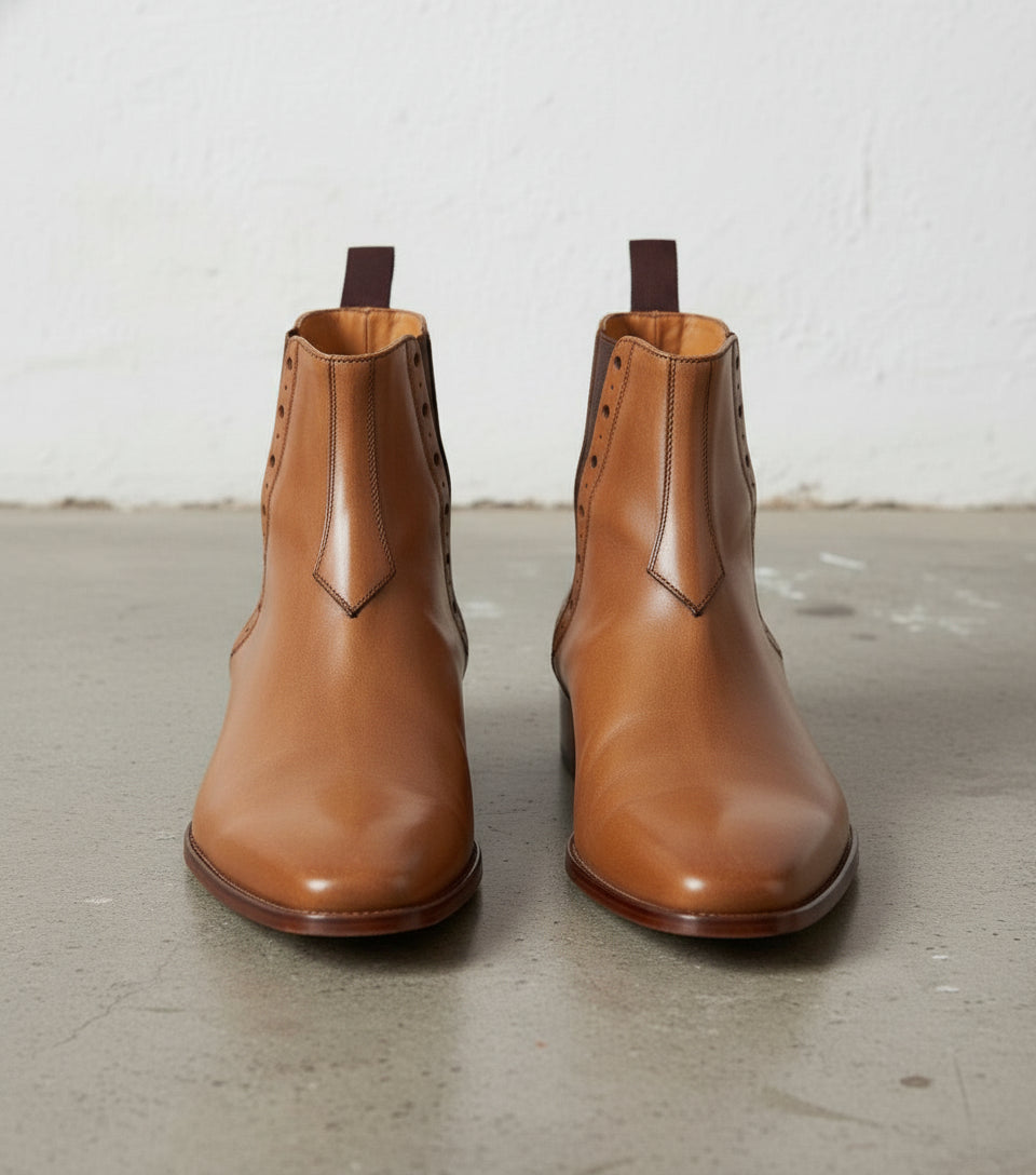 Handmade Men Tan Color Chelsea Brogue Ankle Boots, Ankle Leather Boots