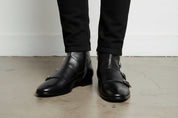 Handcrafted Men's Black Double Monk Ankle Boots with Side Zipper