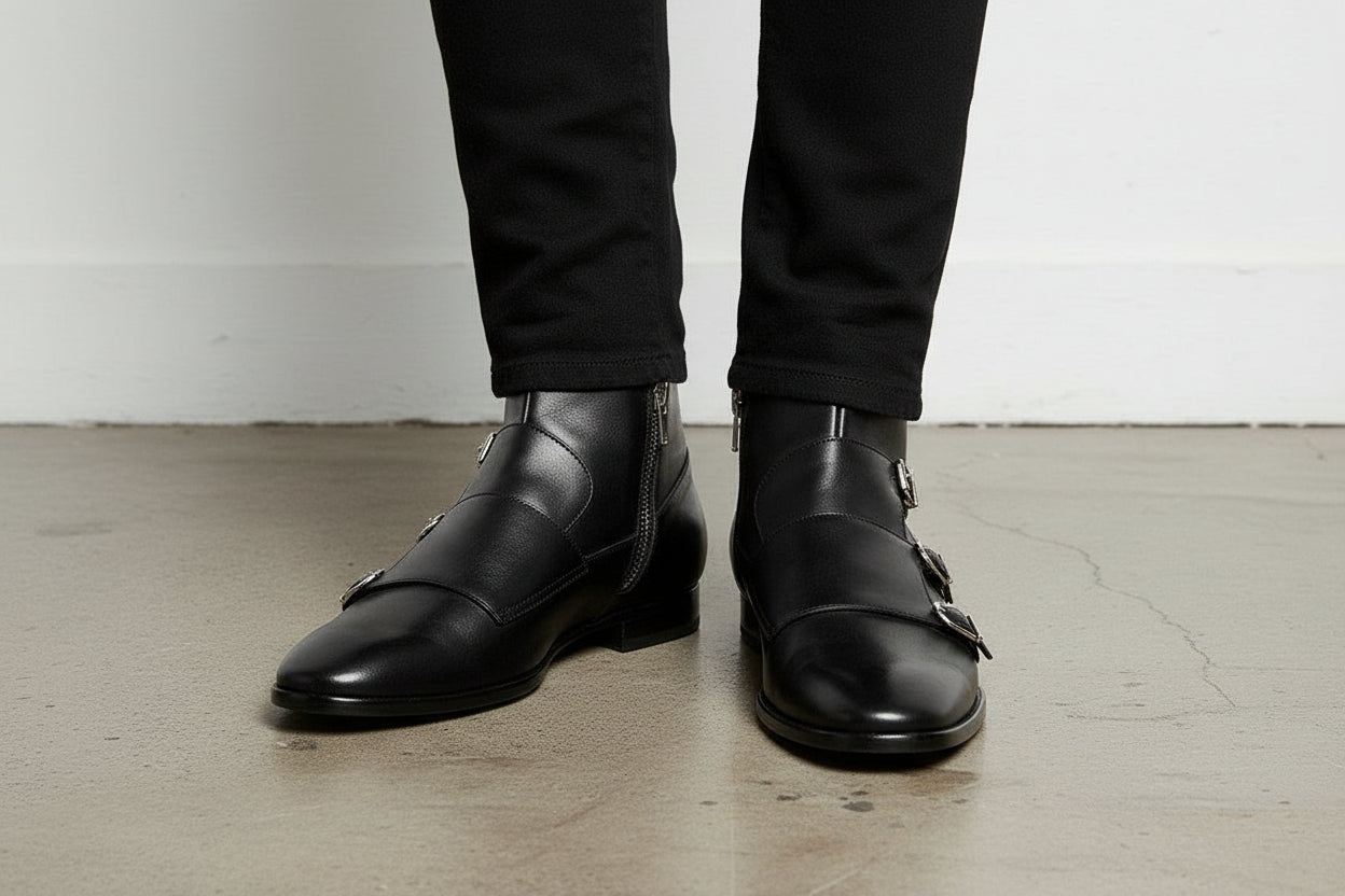 Handcrafted Men's Black Double Monk Ankle Boots with Side Zipper