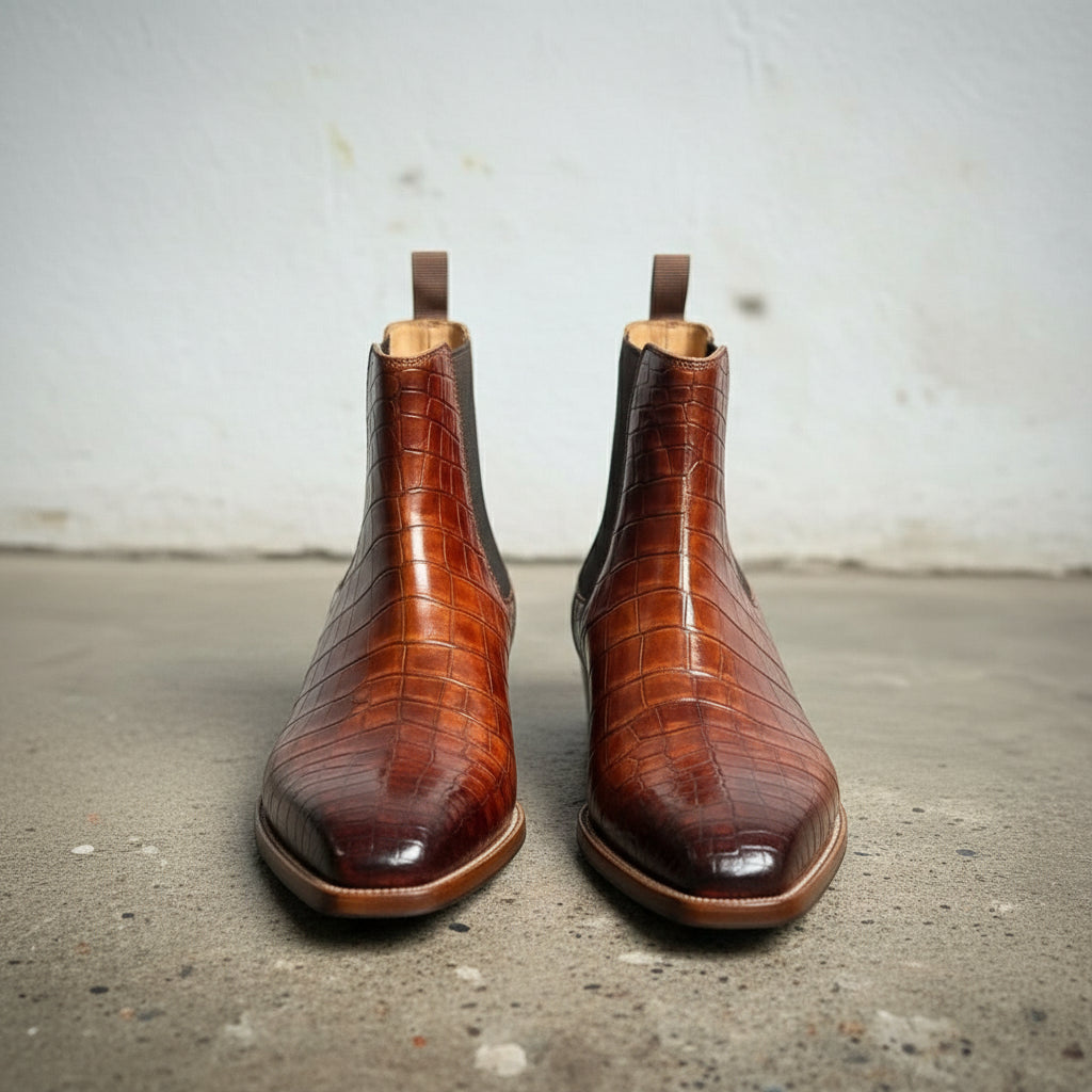 Handcrafted Men's Brown Chelsea Boots with Crocodile Pattern