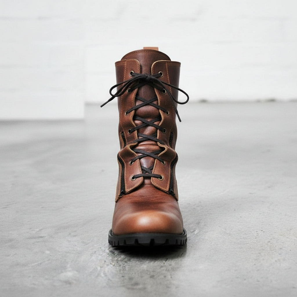 Handcrafted Men's Antique Brown Biker Boots with Side Zipper and Lace-Up Closure
