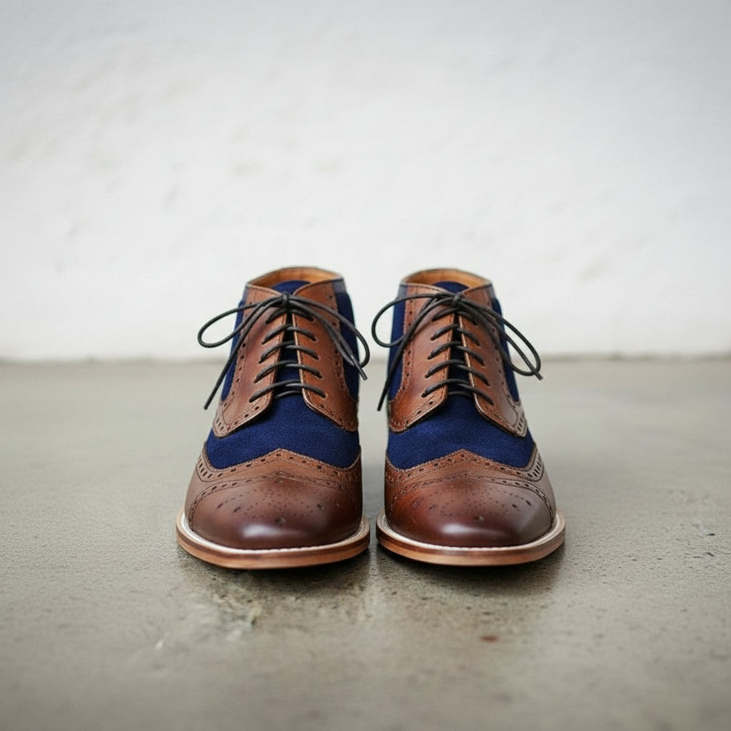 Handmade Men Two Tone Boot, Blue and Brown Ankle Boot, Mens Casual Boot