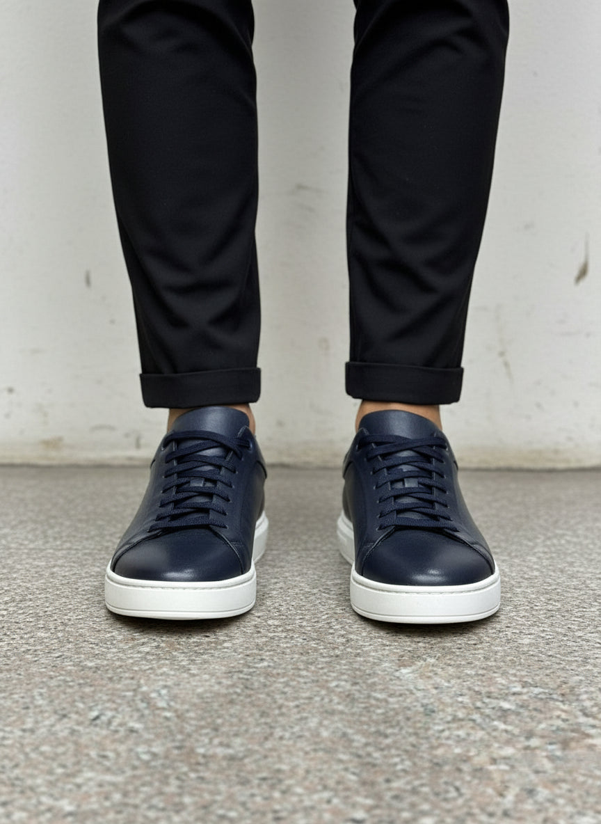 Men's Leather Navy Plain-Toe Sneaker