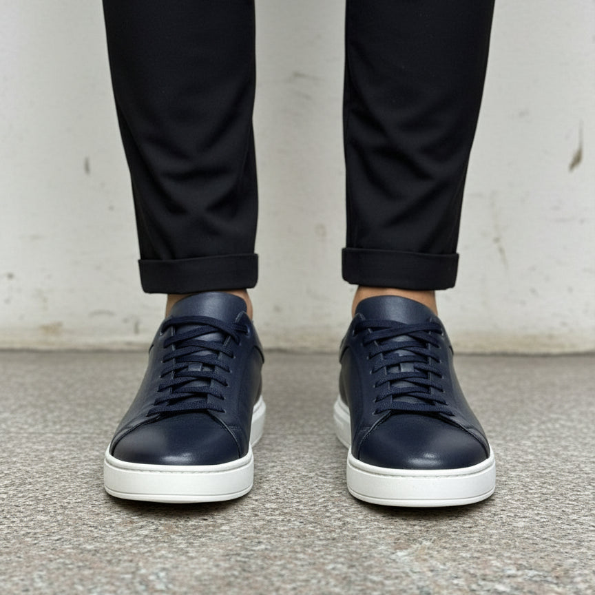 Men's Leather Navy Plain-Toe Sneaker