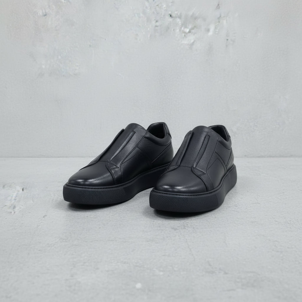 Men's Black Leather Slip-On Sneakers