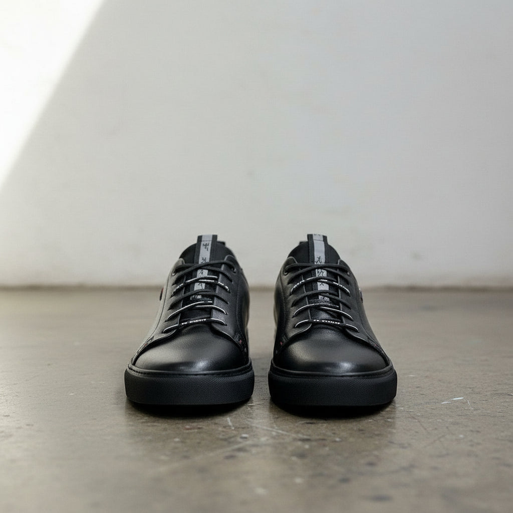Men's Black Leather Plain-Toe Sneakers