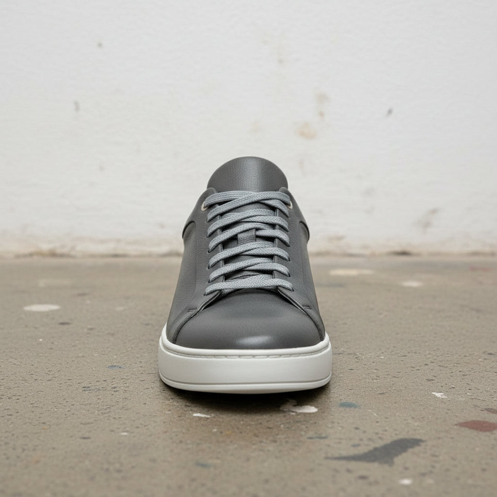 Gray Leather Lace-Up Sneakers for Men