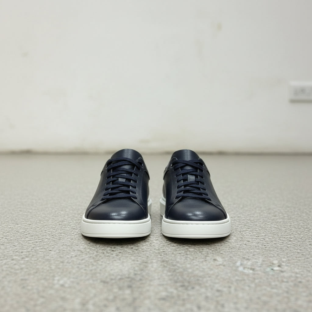 Men's Navy Blue Lace-Up Leather Sneakers