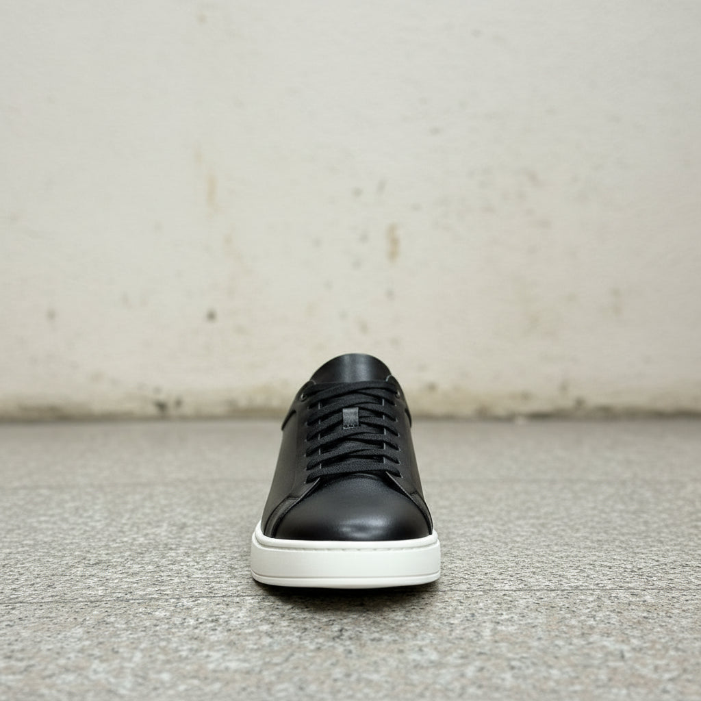 Black Leather Men's Lace-Up Sneakers