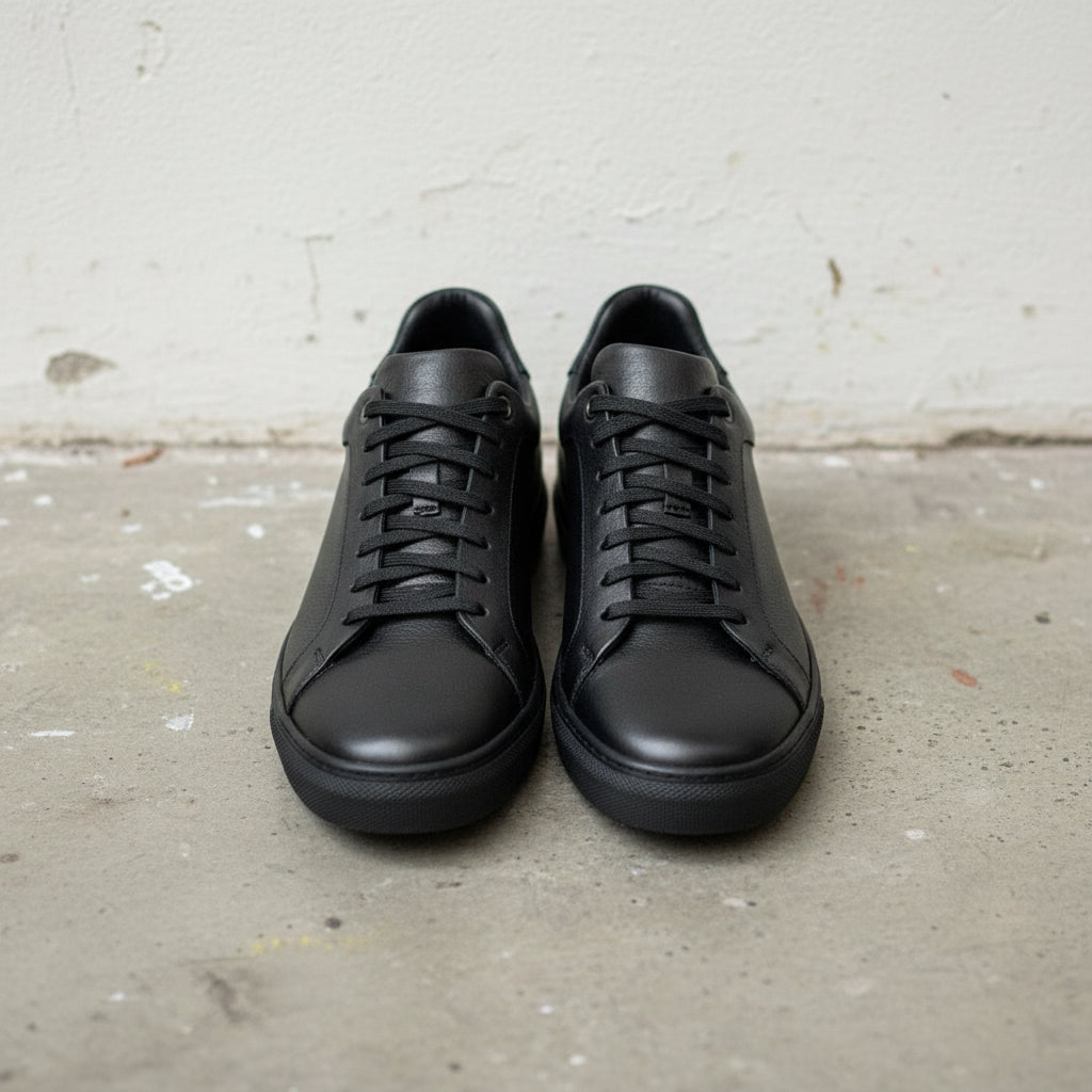 Men's Black Leather Plain-Toe Sneakers