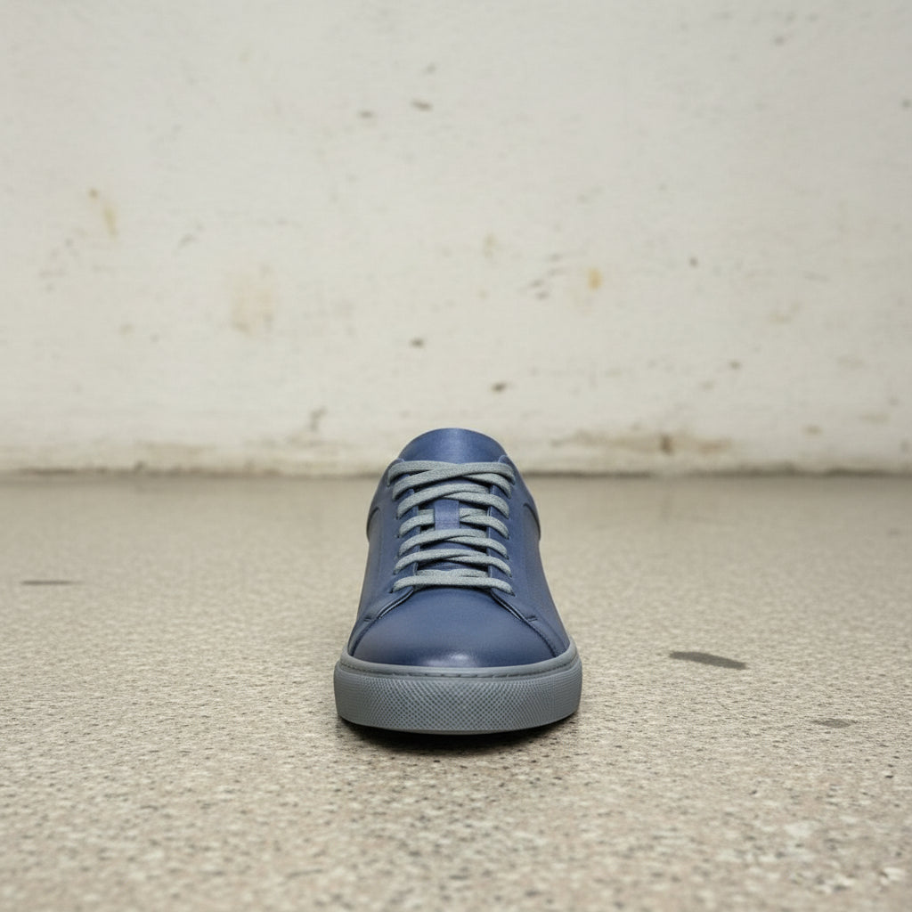 Men's Blue Leather Plain-Toe Sneakers
