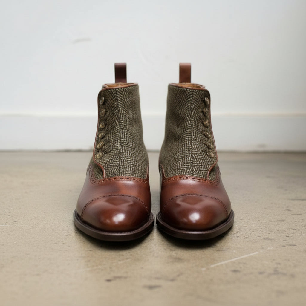 Men's Brown and Green Cap-Toe Leather and Tweed Button Boots — Garside