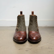 Men's Brown and Green Cap-Toe Leather and Tweed Button Boots — Garside
